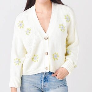 BB Dakota Old School Cream w/ Embroidered Floral Cardigan Sweater Sz S